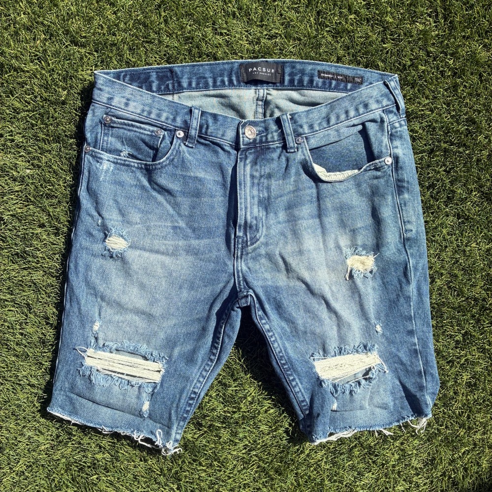 PacSun Skinniest Distressed Denim Shorts Blue Mens Size 33x9 Raw Hem Skater Y2K